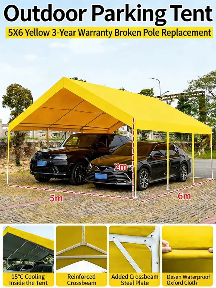 Abri de voiture extérieur en acier inoxydable - Toit PEAK imperméable et anti-UV, portable, durable,