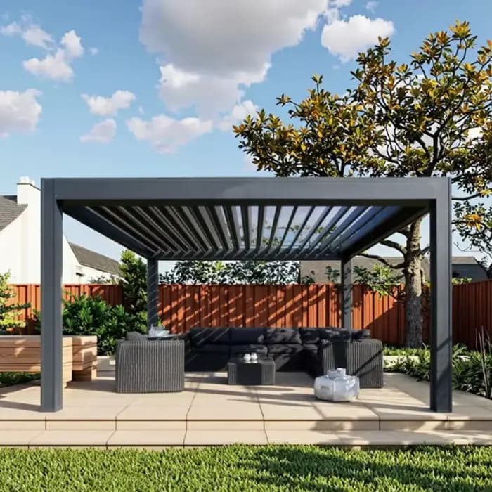 Pergola bioclimatique en aluminium sur mesure 6x4 pour extérieur, toit à lames métalliques, éclairag