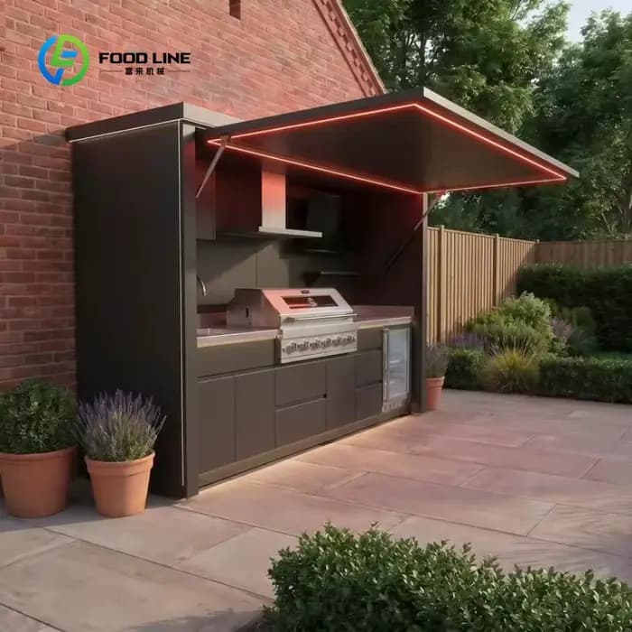 Abri de cuisine extérieur modulaire moderne personnalisé, résistant aux intempéries, en acier inoxyd