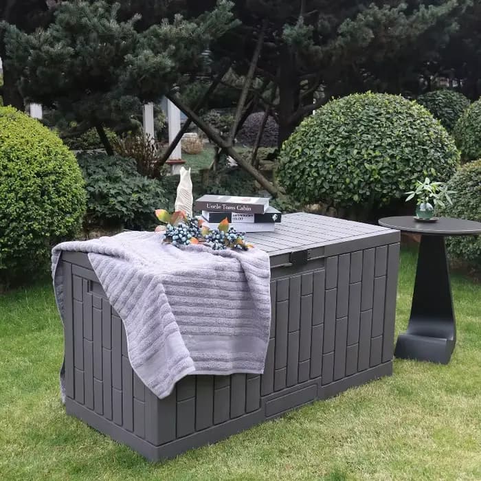Boîte de rangement extérieure étanche pour jardin et patio avec trou pour cadenas