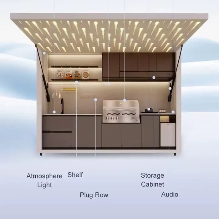Cuisine de jardin avec armoires modulaires et îlot de gril