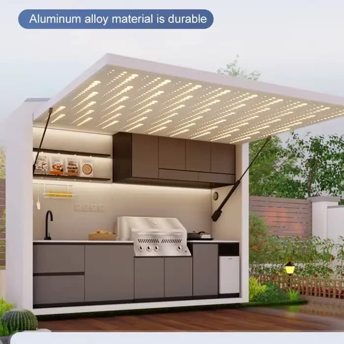 Cuisine de jardin avec armoires modulaires et îlot de gril