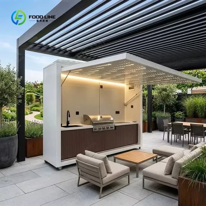 Cuisine extérieure compacte avec station de grillade et abri