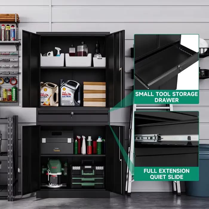 Armoire de rangement en métal pour garage avec tiroir et 4 portes verrouillables