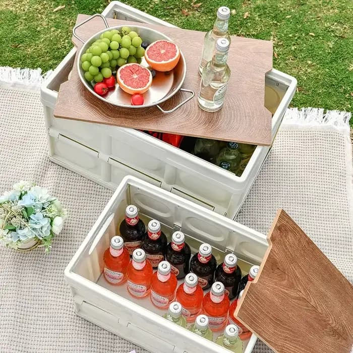 Boîte de rangement extérieure de 35l avec couvercle en bois