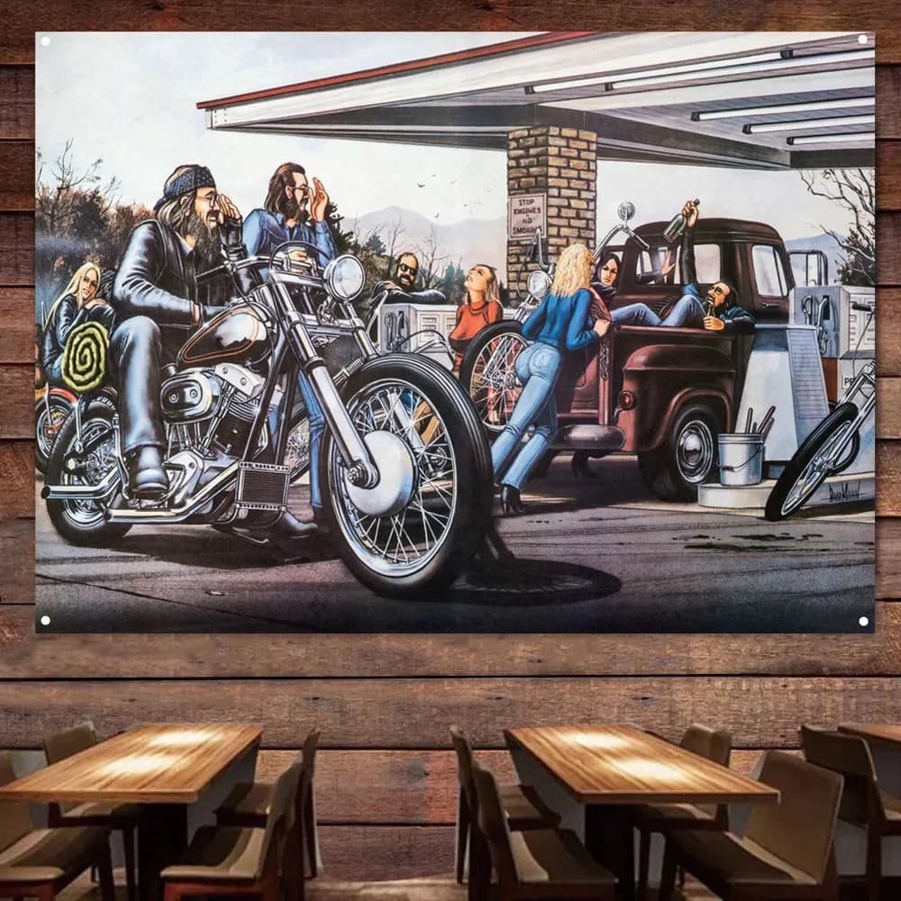 Bannière de peinture de moto de station-service pour la décoration murale, affiche de garage rétro, 