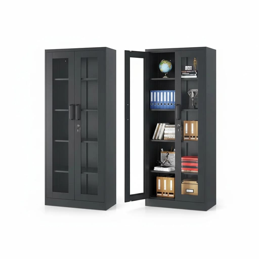 Vitrine en acier, armoire de rangement avec portes en bois et en verre, étagères réglables avec serr