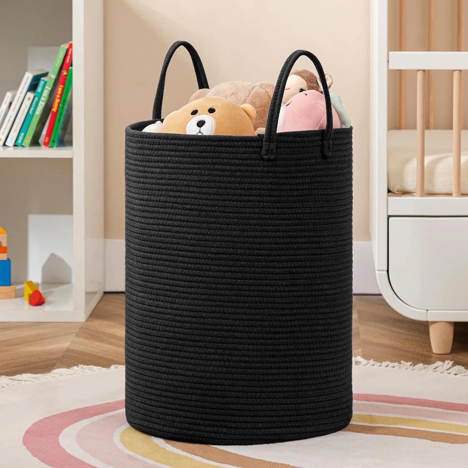 Grand panier de rangement décoratif tressé avec poignées, pliable, en corde de coton, pour vêtements