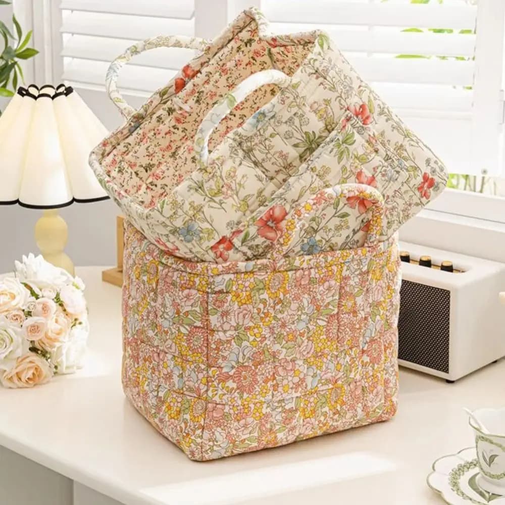 Panier de rangement en tissu à motif floral, poignées de transport faciles, design matelassé, panier à linge en tissu, grande capacité, design pliable