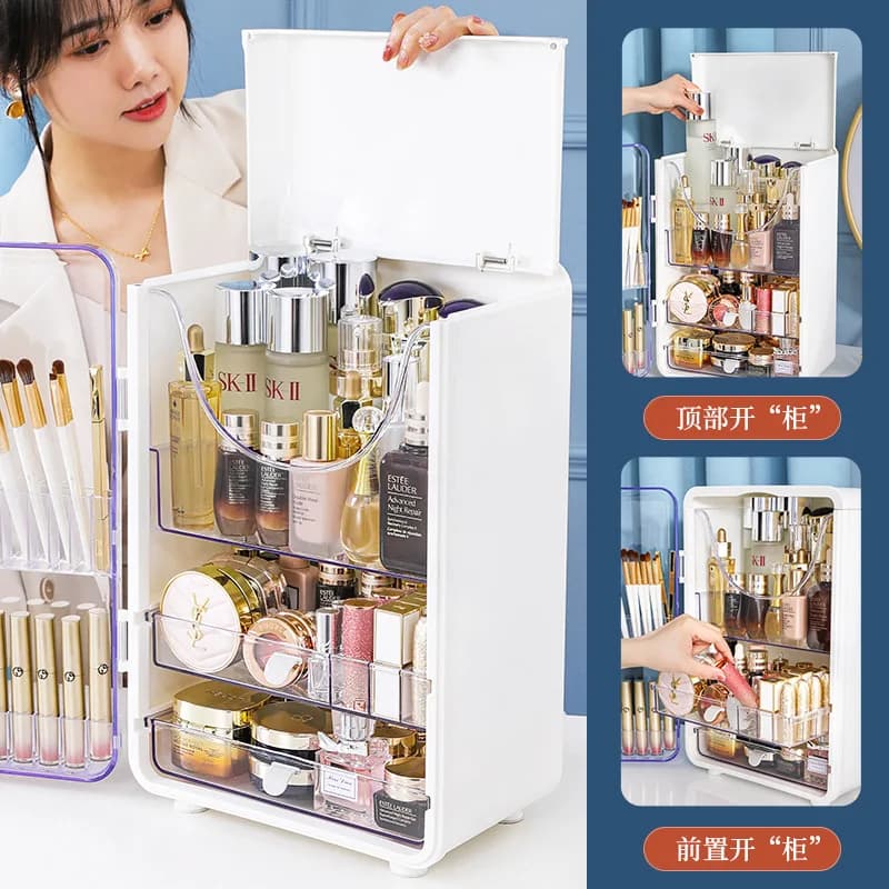 Grande boîte de rangement de cosmétiques, légère, capacité de bureau de luxe, support de rangement anti-poussière, vanité domestique, rouge à lèvres, boîte de rangement de cosmétiques