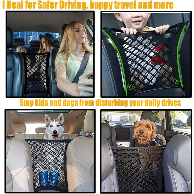 Filet de rangement pour voiture, sac entre les sièges, séparateur de voiture, barrière pour animaux de compagnie, sac en maille élastique extensible, organisateur d'accessoires automobiles
