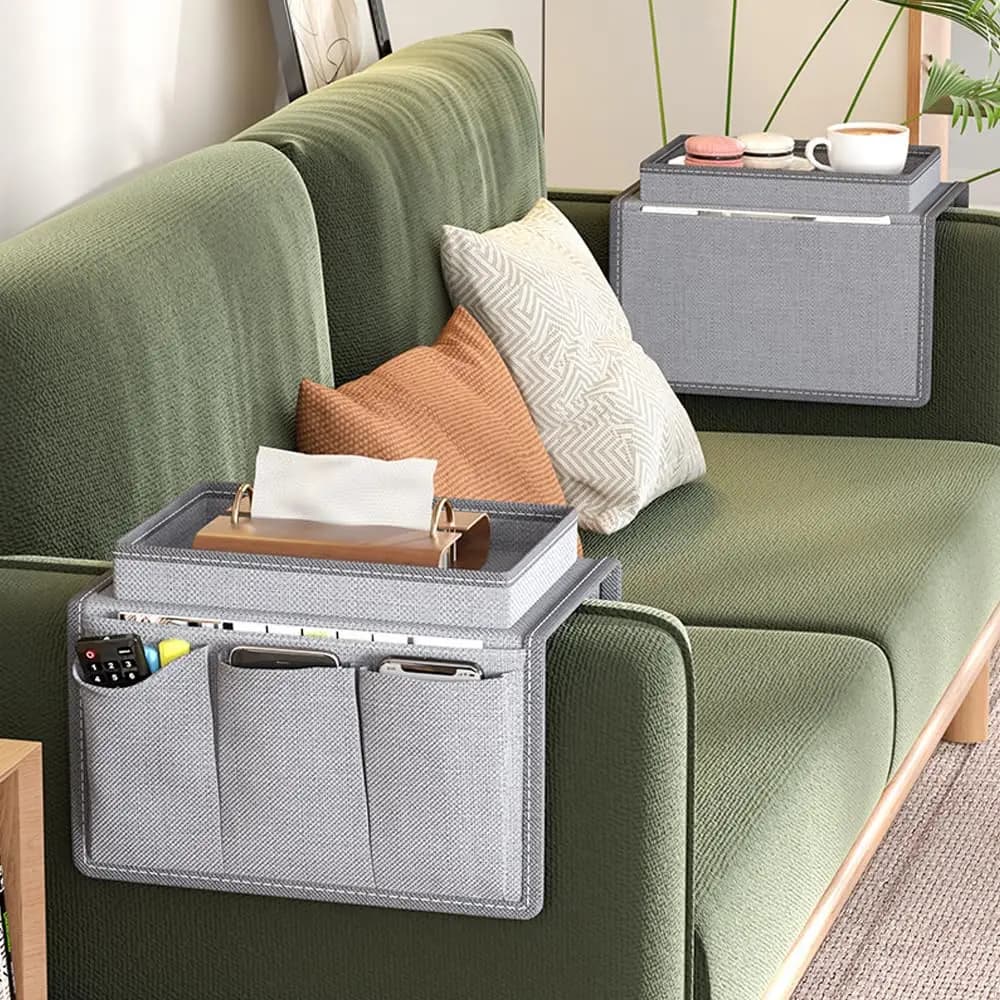 Organisateur d'accoudoir de canapé avec porte-gobelet, poches de rangement pour télécommande, plateau de bouteille d'eau de loisirs pour chevet, canapé, fauteuil