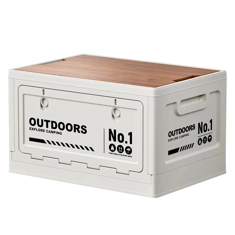 Boîte de rangement de camping d'extérieur grande capacité, pliable avec couvercle en bois, multifonctionnelle pour coffre de voiture, idéale pour le camping et les pique-niques