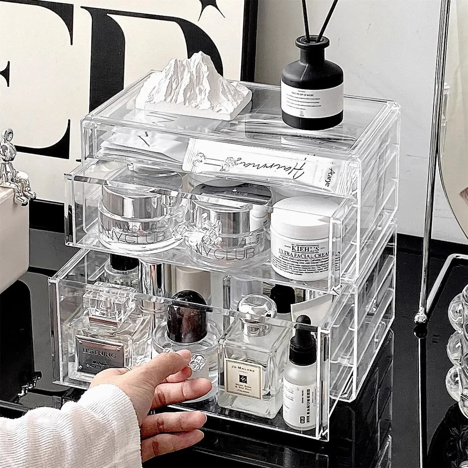 Boîte de rangement cosmétique de style tiroir pour bureau, anti-poussière, organisateur de pinceaux de maquillage, support pour bijoux et accessoires, en matériau PP