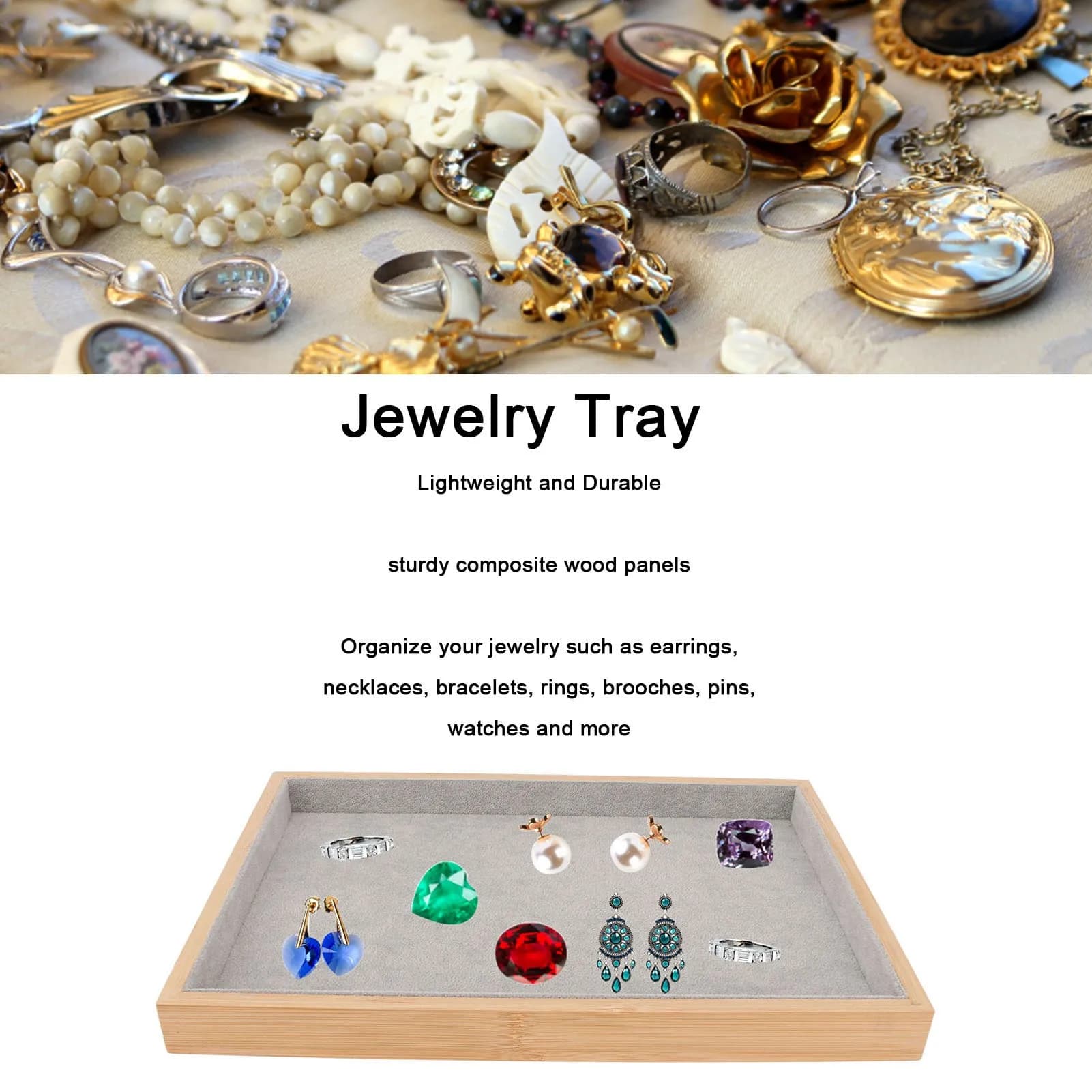 Plateau à bijoux élégant et polyvalent, organisateur de tiroir à bijoux en bois, léger, résistant aux rayures, fonction d'affichage pour bijoux