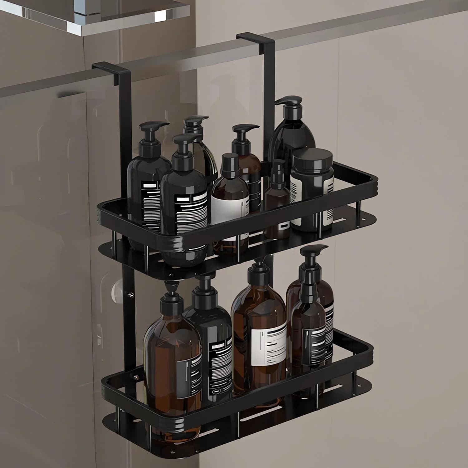 Caddie de douche suspendu à 2 niveaux sur porte, étagère de douche, support de rangement de salle de bain, sans perceuse pour shampoing et savon rasoir, rangement de salle de bain