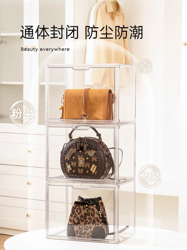 Boîte de rangement de sac à main en acrylique transparent pour femme, vitrine de nettoyage, sacs de luxe, sac à main, T1