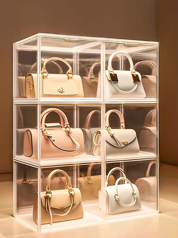 Boîte de rangement de sac à main en acrylique transparent pour femme, vitrine de nettoyage, sacs de luxe, sac à main, T1