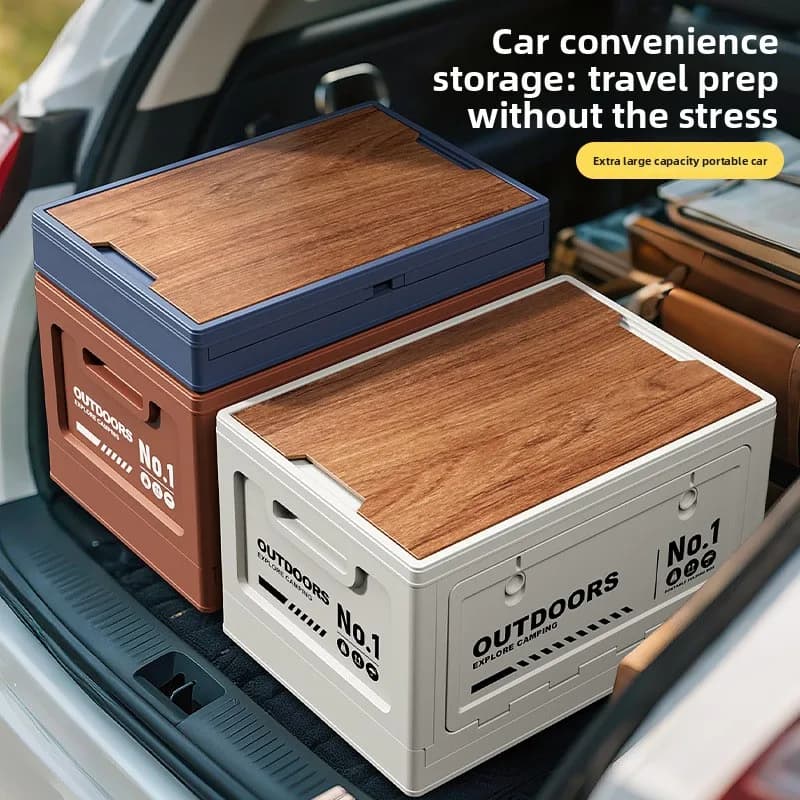 Boîte de rangement de camping d'extérieur grande capacité, pliable avec couvercle en bois, multifonctionnelle pour coffre de voiture, idéale pour le camping et les pique-niques