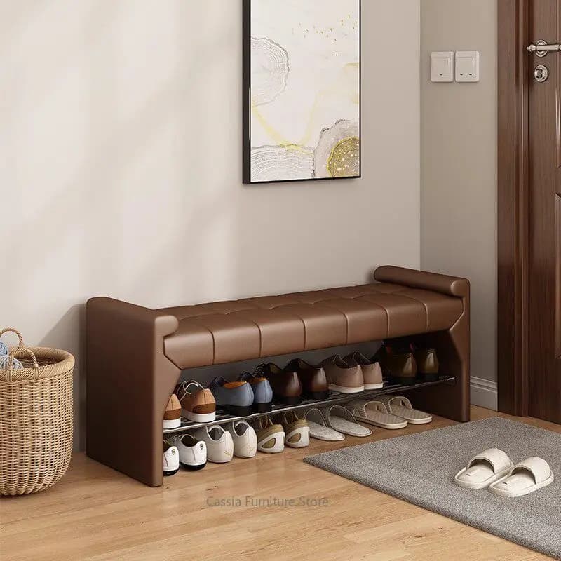 Banc à chaussures en cuir haut de gamme pour entrée, longue banquette avec rangement pour chambre, organisateur de couloir rustique et moderne pour porte d'entrée