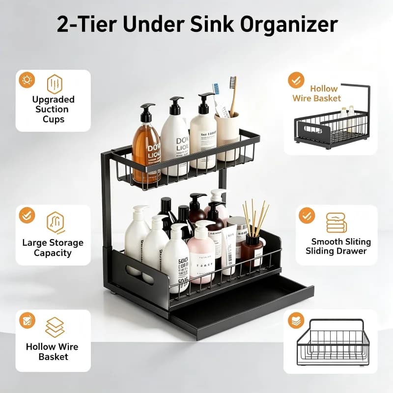 Organisateur coulissant à 2 niveaux sous l'évier, panier de rangement extractible, tiroir de rangement multifonctionnel pour cuisine et salle de bain
