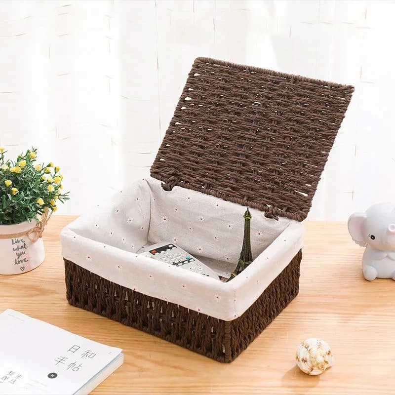 Panier de rangement en tissu avec couvercle, panier de rangement tissé de bureau, organisateur d'articles divers empilable, panier de rangement tissé en rotin pour la maison