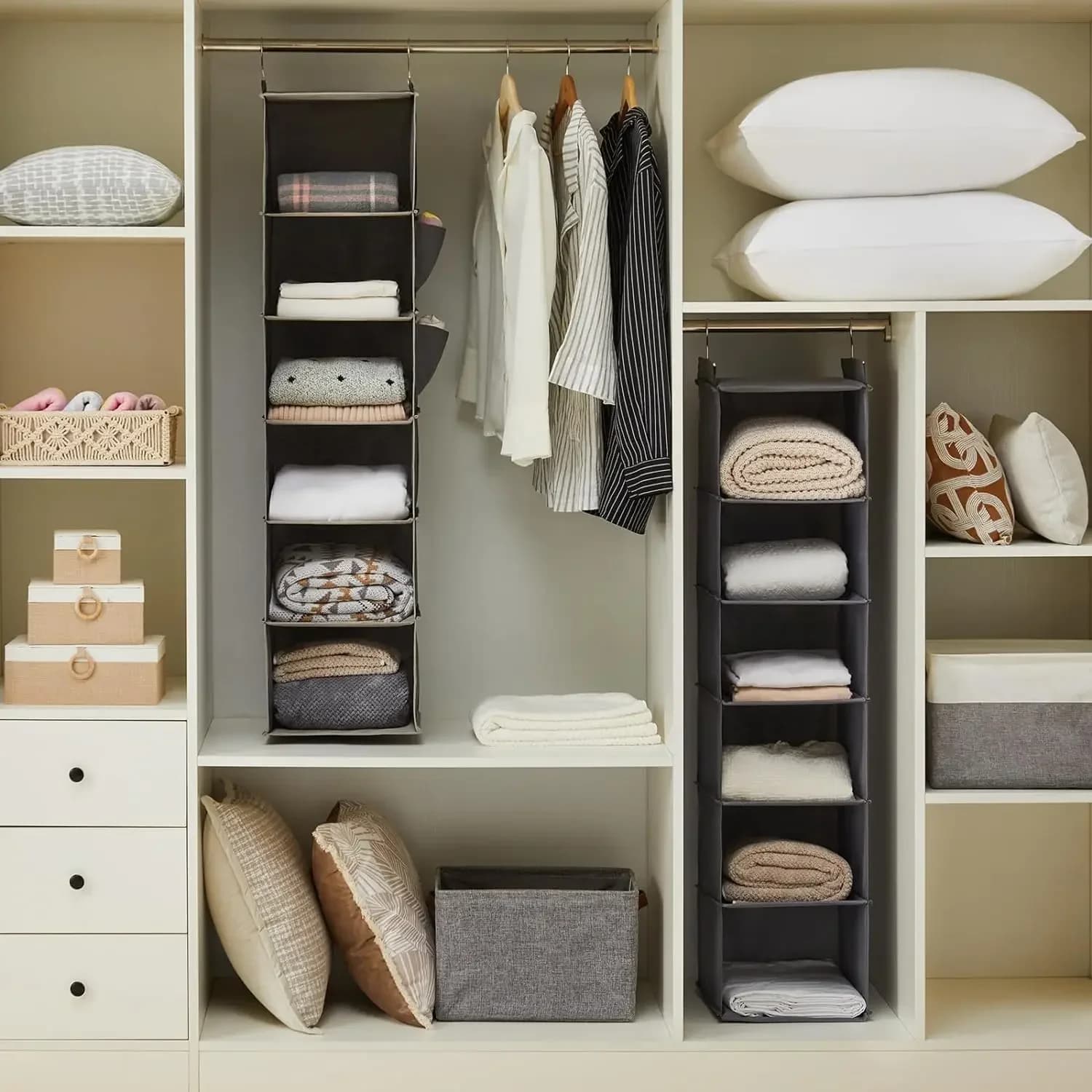 Organisateur de placard suspendu, sac de rangement de garde-robe à 6 étagères avec crochets, étagères pliables en tissu peu encombrantes pour chambre à coucher, dortoir, voyage