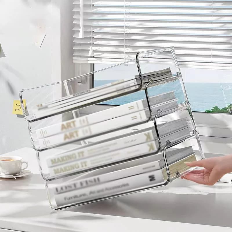 Boîte de rangement empilable pour fichier de bureau, support transparent, étagère pour livre et magazine, papier transparent T1, maison et bureau