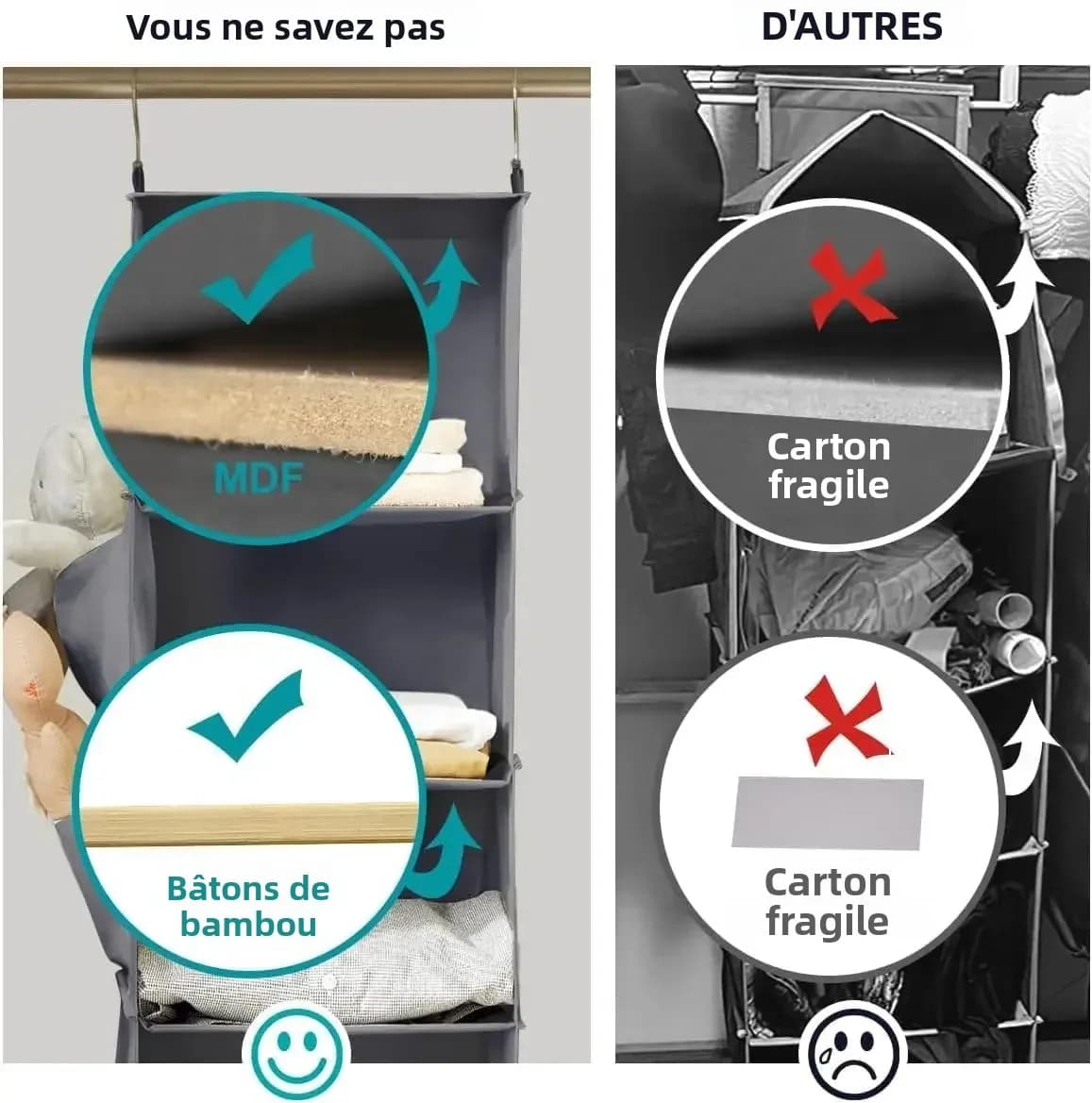 Organisateur de placard suspendu, sac de rangement de garde-robe à 6 étagères avec crochets, étagères pliables en tissu peu encombrantes pour chambre à coucher, dortoir, voyage