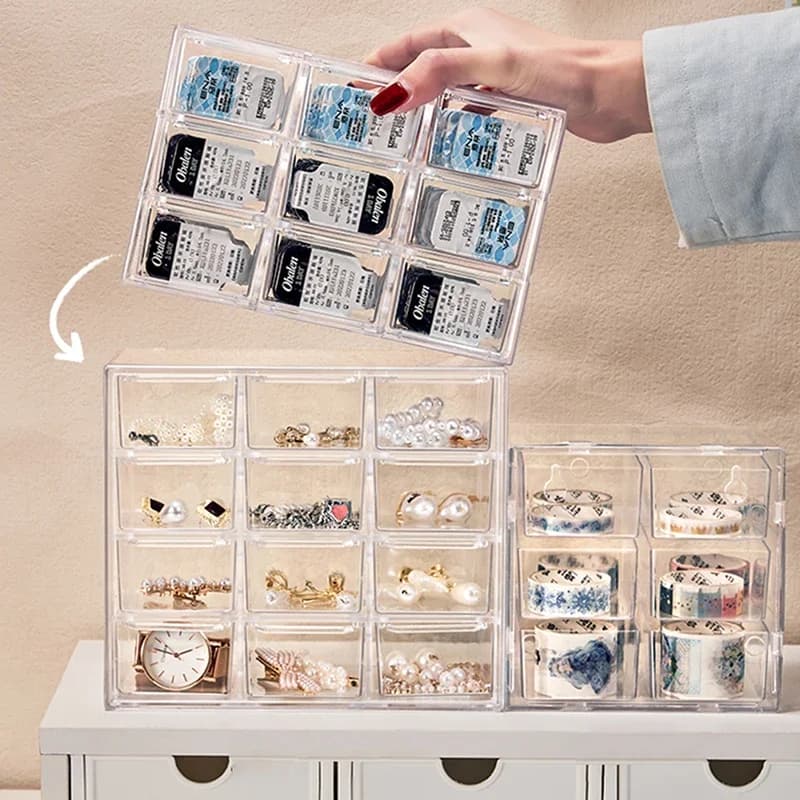 Organisateur de bijoux, boîte de rangement de bureau, étagère à tiroir transparente, boîte de décoration de cheveux stationnaire, étui de rangement empilé