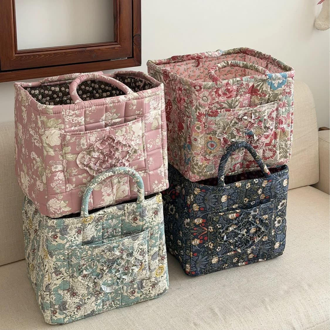 Panier de rangement matelassé de la série Grand Jardin de Fleurs, Organisateur de bureau pour collations et articles divers, Panier à linge grande capacité
