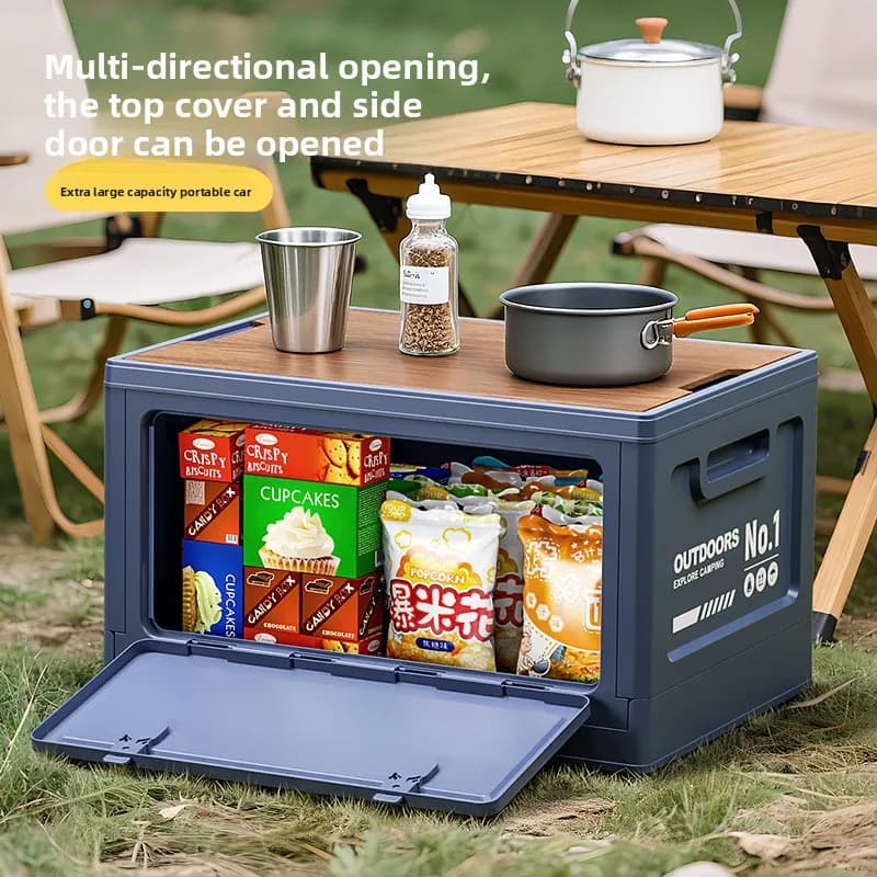 Boîte de rangement de camping d'extérieur grande capacité, pliable avec couvercle en bois, multifonctionnelle pour coffre de voiture, idéale pour le camping et les pique-niques