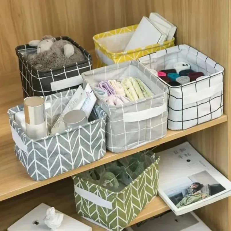 Panier de rangement pliable en tissu à motif quadrillé 20×16×14 cm, bac de rangement pliable avec poignée pour la maison, le bureau, le tiroir, le placard
