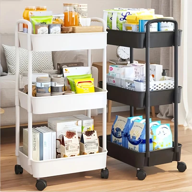 Chariot de rangement mobile à 3 niveaux avec roulettes – Étagère de rangement en plastique facile à assembler pour salle de bain, cuisine, camping-car et bureau