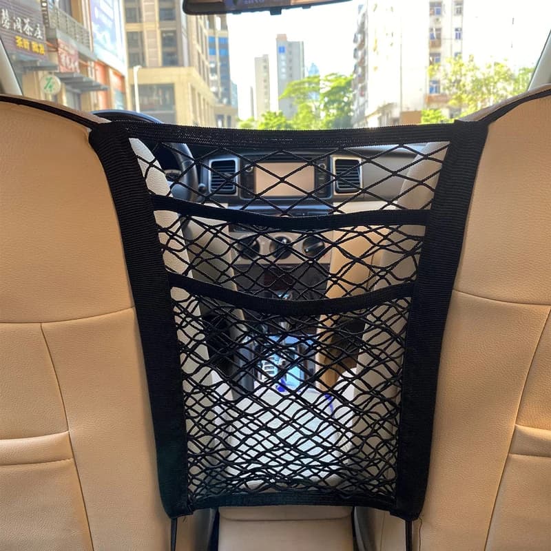 Filet de rangement pour voiture, sac entre les sièges, séparateur de voiture, barrière pour animaux de compagnie, sac en maille élastique extensible, organisateur d'accessoires automobiles