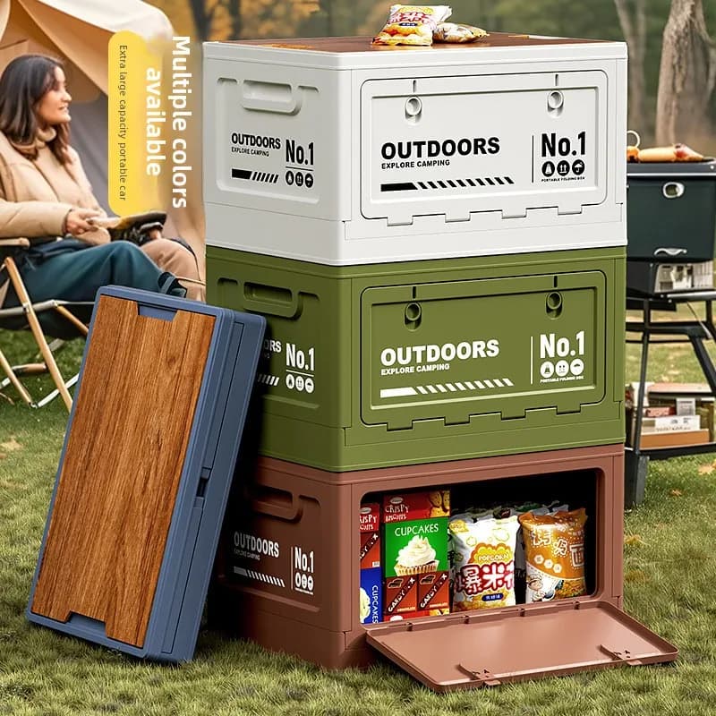 Boîte de rangement de camping d'extérieur grande capacité, pliable avec couvercle en bois, multifonctionnelle pour coffre de voiture, idéale pour le camping et les pique-niques