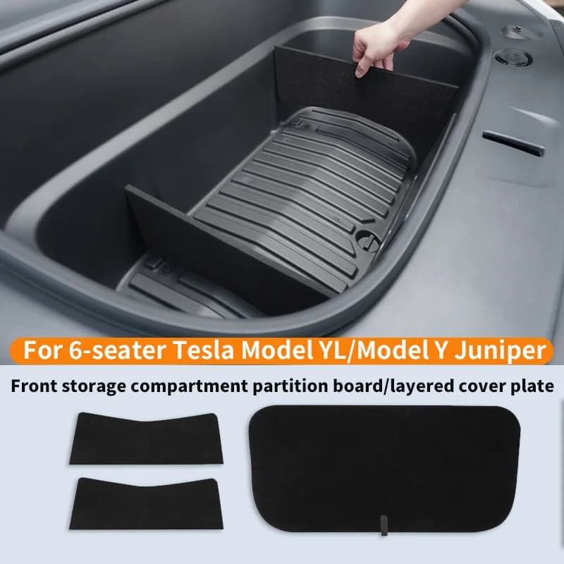 Pour Tesla Model Y Juniper/Model YL 6 places, le coffre avant est doté d'un couvercle de rangement à plusieurs niveaux et d'un séparateur de compartiment de rangement.