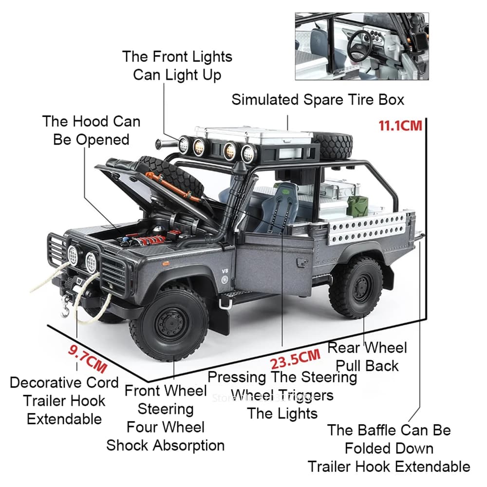 Modèle miniature de voiture en alliage moulé sous pression Land Rover Defender 110 Range Rover 1:24, portes ouvrables, véhicules à tirer en arrière, cadeau d'anniversaire pour garçon