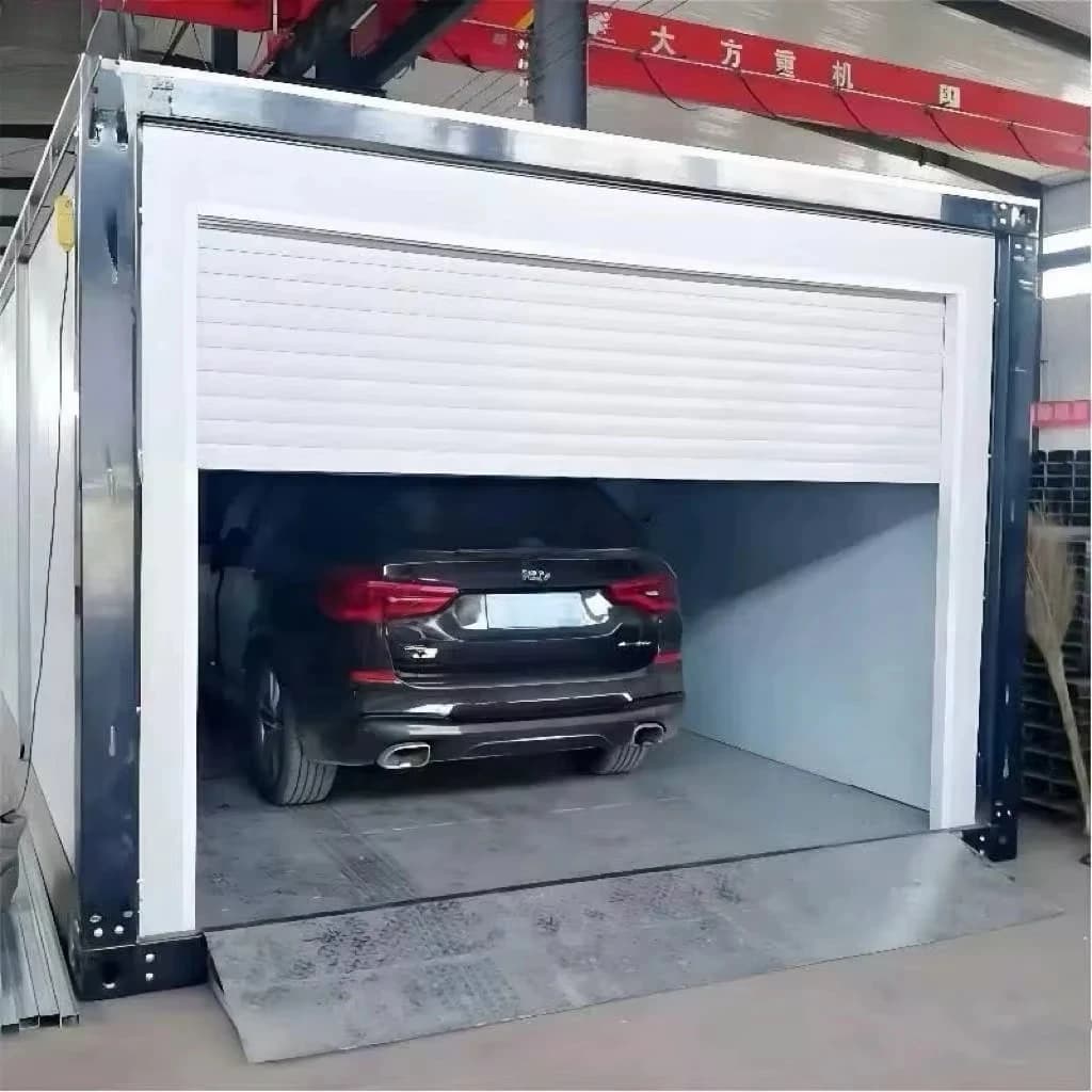 Garage conteneur FL pratique et préfabriqué pour le stockage quotidien des voitures familiales, espace de stationnement dans la cour.