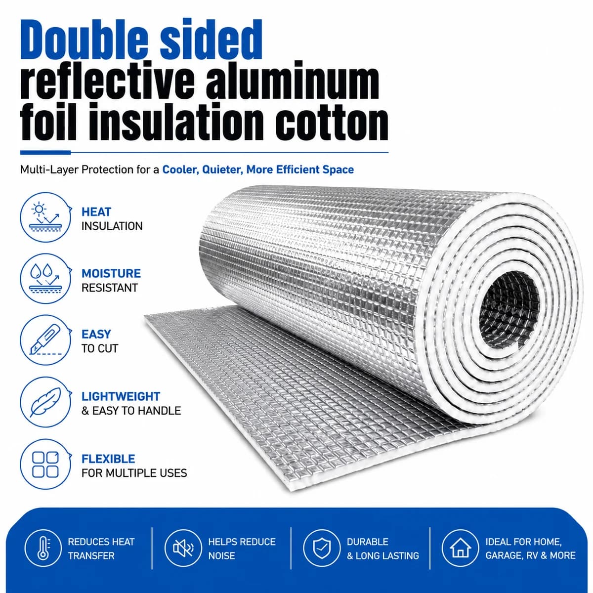 Rouleau d'isolation en aluminium réfléchissant double face 6/9 mm, coton isolant pour porte de garage, coton isolant de haute qualité