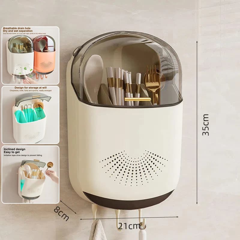 Boîte de rangement de couverts de cuisine, support mural de rangement de vaisselle avec couvercle, cuillère anti-poussière et organisateur de baguettes, supports de vidange