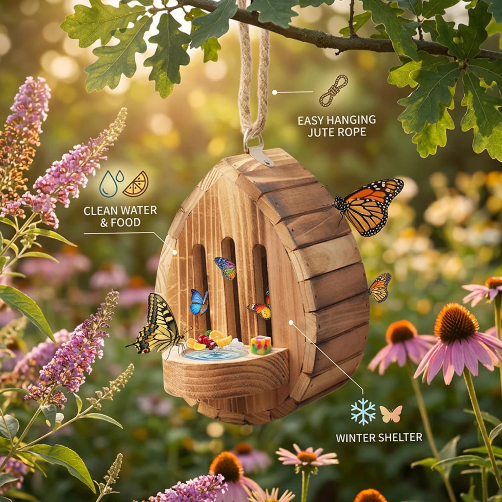 Maison pour papillons, habitat pour papillons, jardin - Maisons en bois pour papillons avec mangeoire, décoration suspendue pour jardin, boîte de nidification naturelle