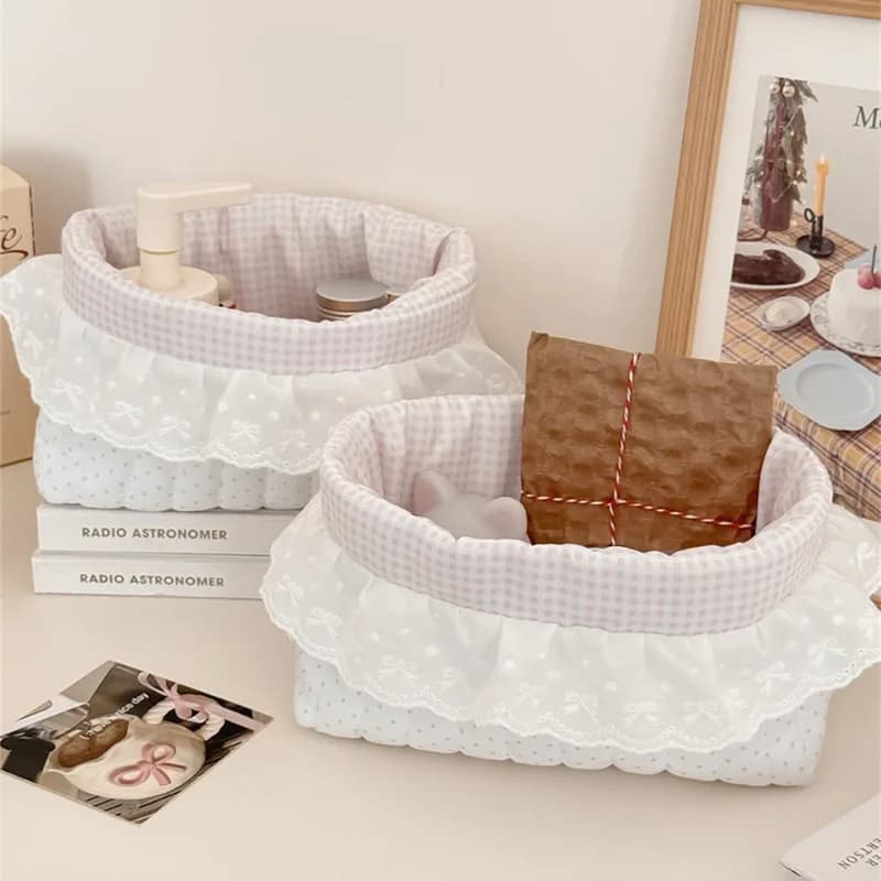 Nouveau panier de rangement à pois et volants rose bonbon, organiseur de bureau pour collations, petit panier organisateur manuel