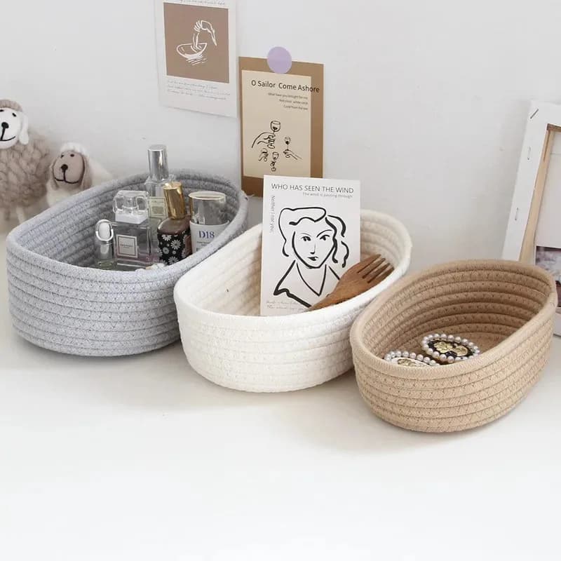 Panier de rangement de bureau, jouets, cosmétiques, boîte de rangement de papeterie de bureau, panier de rangement de fil de coton tissé à la main, panier en forme de bateau