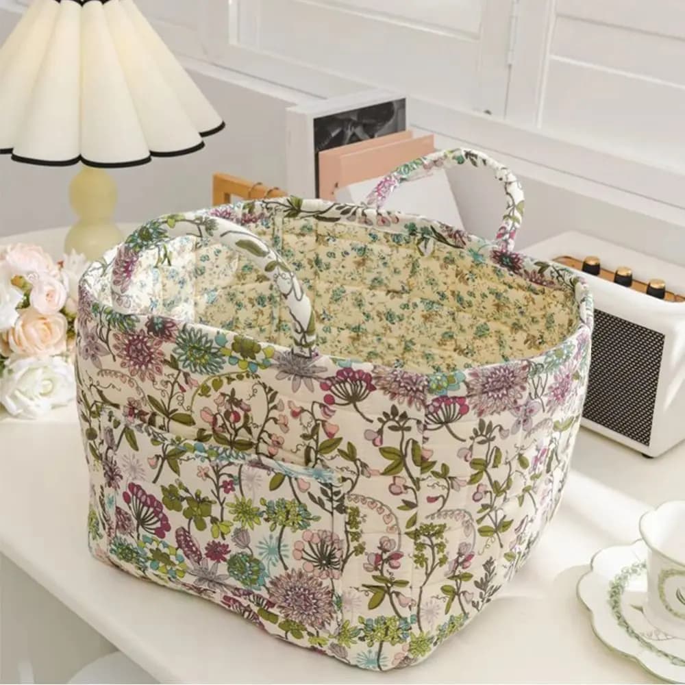 Panier de rangement en tissu à motif floral, grande capacité, poignées faciles à transporter, panier à linge en tissu, design matelassé, design pliable