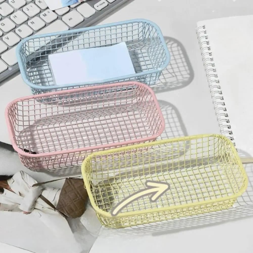 Petit panier de rangement en fil pour articles divers, boîte de rangement de papeterie de bureau pour étudiants, panier de rangement Ron pour décoration de salon et de maison