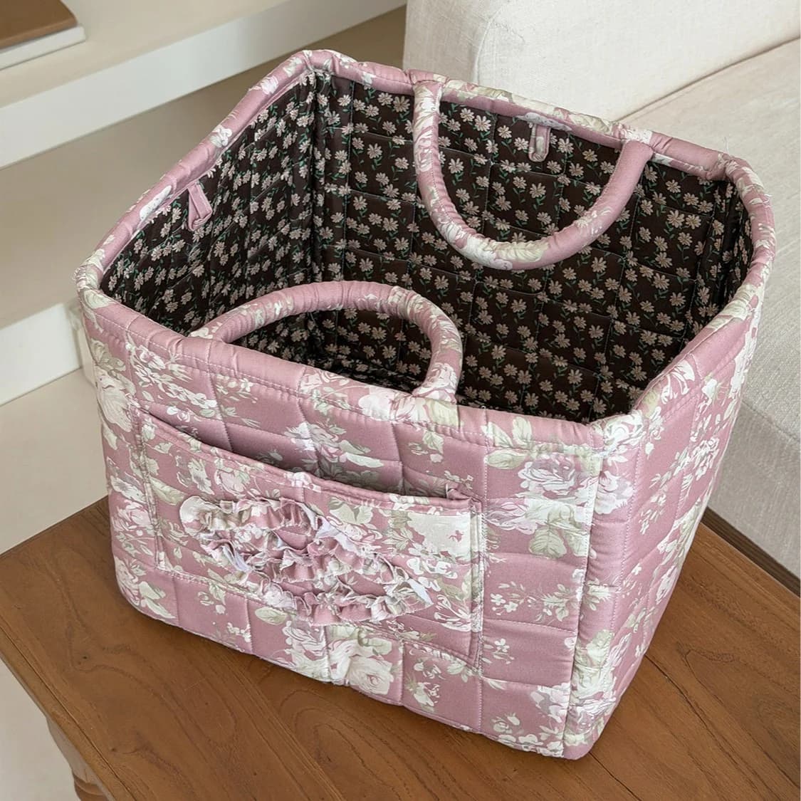 Panier de rangement matelassé de la série Grand Jardin de Fleurs, Organisateur de bureau pour collations et articles divers, Panier à linge grande capacité