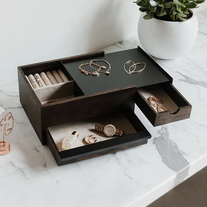 Boîte à bijoux en bois, tiroir, boucles d'oreilles, colliers, boîtes de rangement, bagues pour femmes, organisateur de bijoux, boîte d'exposition, boîtes de rangement de montres de luxe