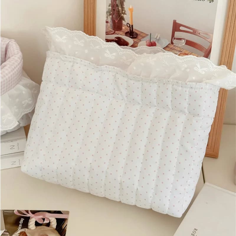 Nouveau panier de rangement à pois et volants rose bonbon, organiseur de bureau pour collations, petit panier organisateur manuel