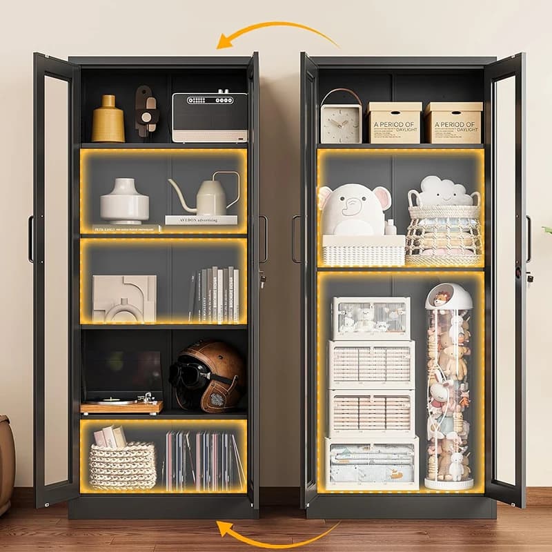 Vitrine en acier, armoire de rangement avec portes en bois et en verre, étagères réglables avec serrure, bibliothèque durable pour le bureau et l'école